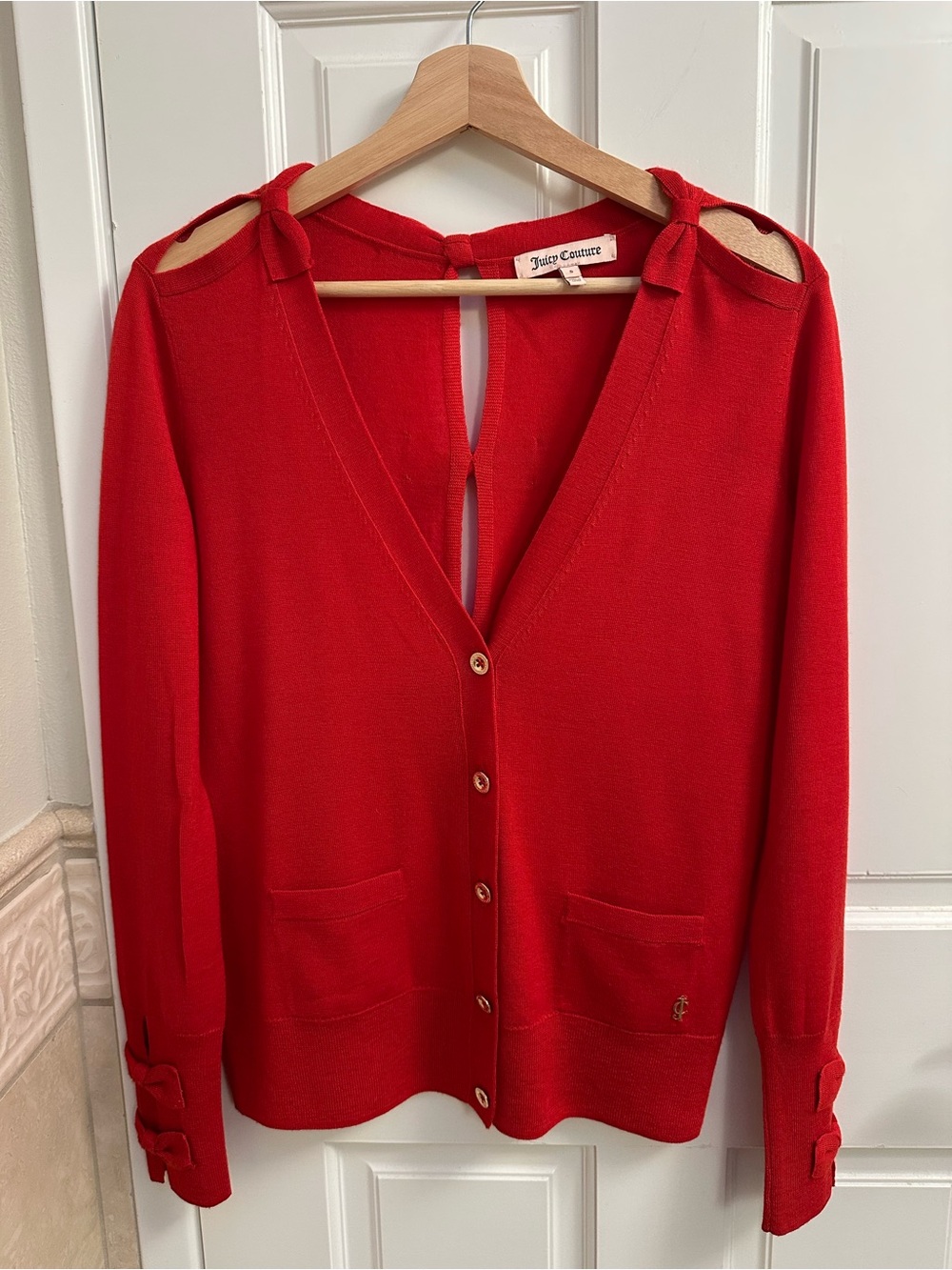 Juicy Couture Red V-Neck Button Front Cardigan with Shoulder Cutouts